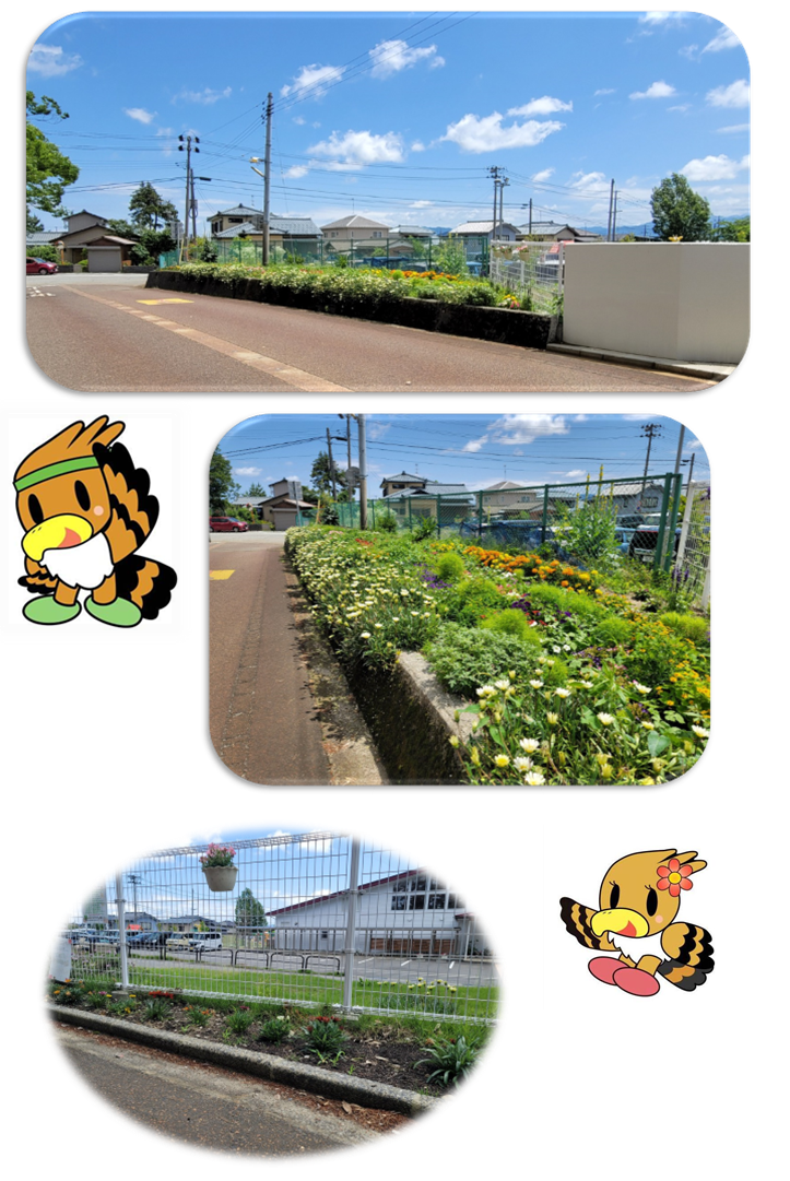 一段目:道路より少し高さがある花壇に色とりどりの花が植えられているのを遠景で撮影した写真。 二段目:近景で撮影した写真。 三段目:ピンクの花が咲いている鉢がかけられたフェンスの下に花が植えられている写真。