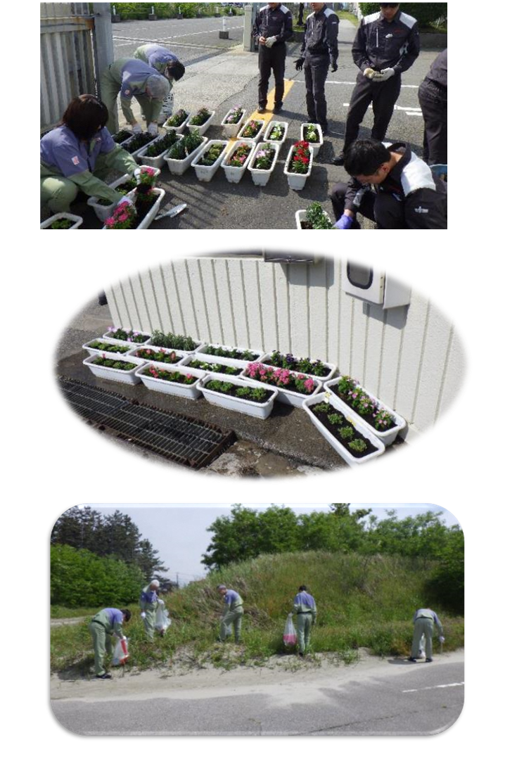一段目:建物の入り口の門付近に従業員が集まりプランターに色とりどりの花を植えている写真。 二段目:門の前に花が植えられたプランターが13個並べられている写真。 三段目:5名の従業員が法面になっている箇所でゴミ拾いをしている写真。