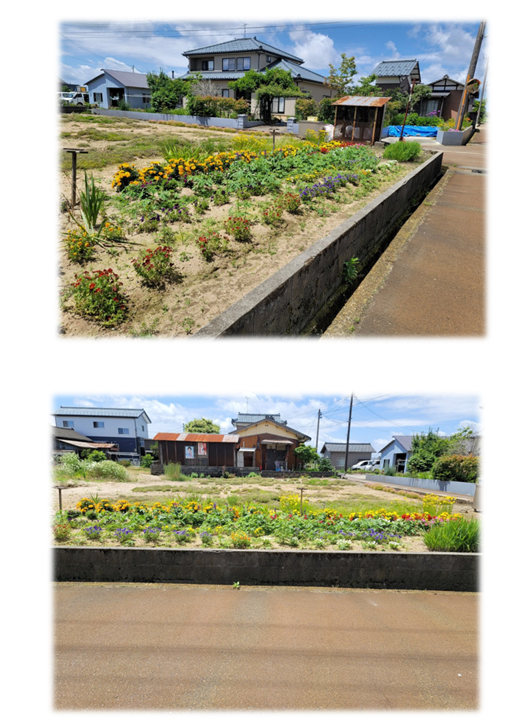 一段目:土留めにより一段高くなった敷地内に色鮮やかな花が横5列程度に植えられている様子を左斜め前から撮影した写真。二段目:正面から撮影した写真。