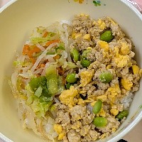炒り卵、鶏そぼろ、枝豆の三色丼で、もやし、キャベツ、人参、ほうれん草のおひたしも添えてある写真