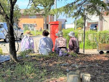 木陰で談笑する畑帰りの女性高齢者たちの後ろ姿の写真