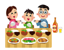 家族で楽しく食事と晩酌するイラスト