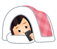 布団の中でスマートフォンを使用している女性のイラスト