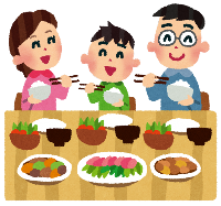 家族で美味しく朝ごはんを食べているイラスト