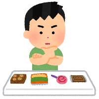 食べるお菓子を選ぶことに悩む男の子のイラスト